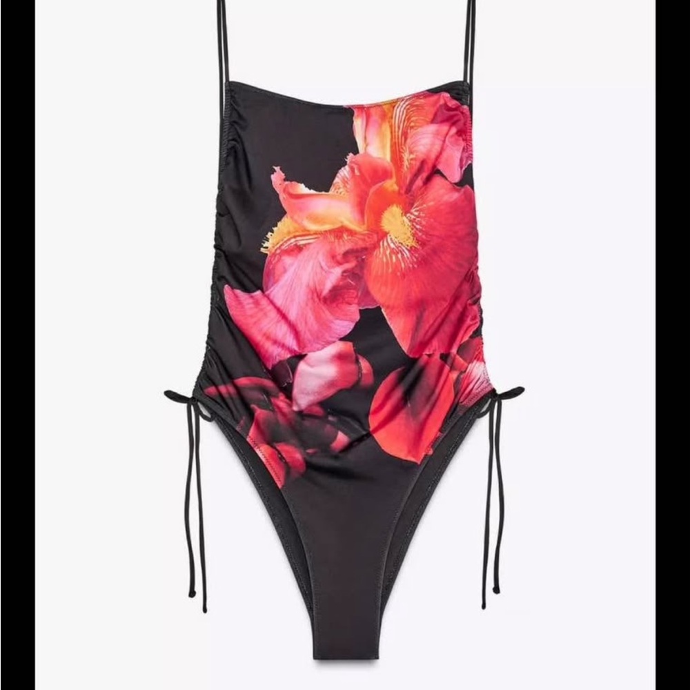 Zara Black and Red Floral One Piece Swimsuit NWOT
